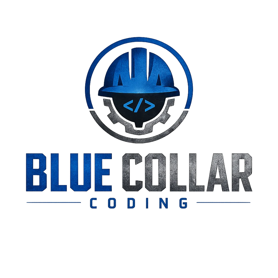 Blue Collar Coding — hard hat and gear mark around a code bracket